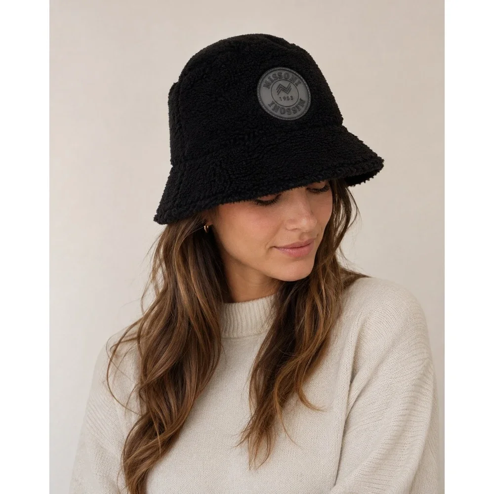 Missoni 1953 Black Teddy Fleece Bucket Hat Logo Patch Cozy Luxe NWT